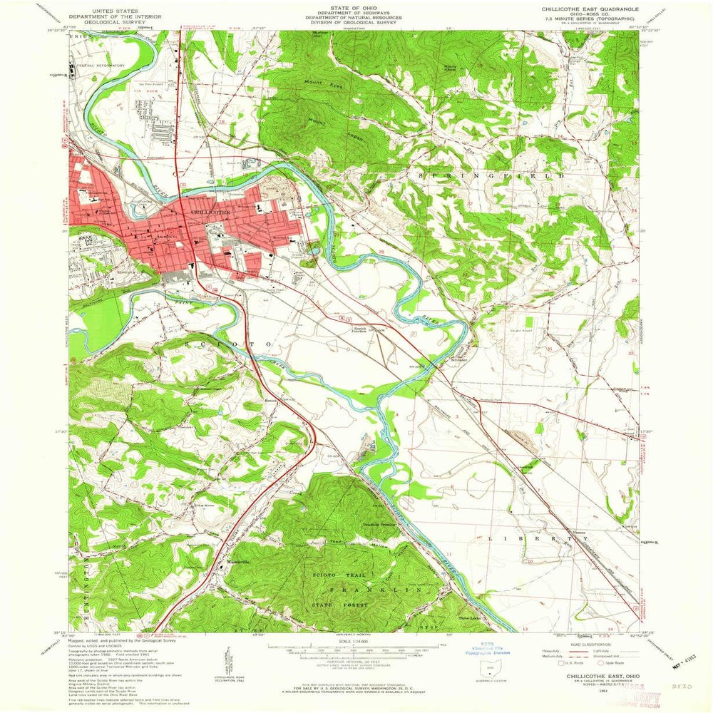 YellowMaps Chillicothe East OH topo map, 1:24000 Scale, 7.5 X 7.5 Minute, Historical, 1961, Updated 1963, 26.9 x 22.1 in - Tyvek