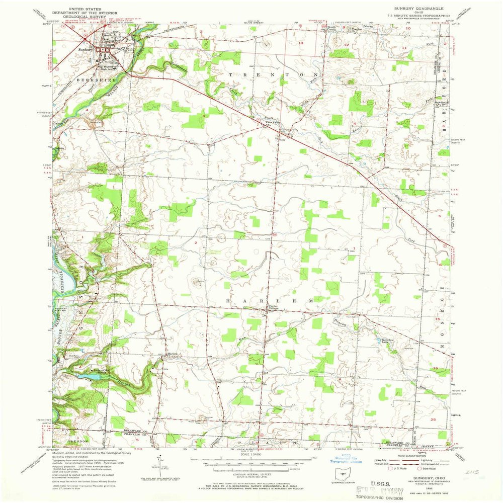 YellowMaps Sunbury OH topo map, 1:24000 Scale, 7.5 X 7.5 Minute, Historical, 1955, Updated 1966, 27 x 22 in - Tyvek