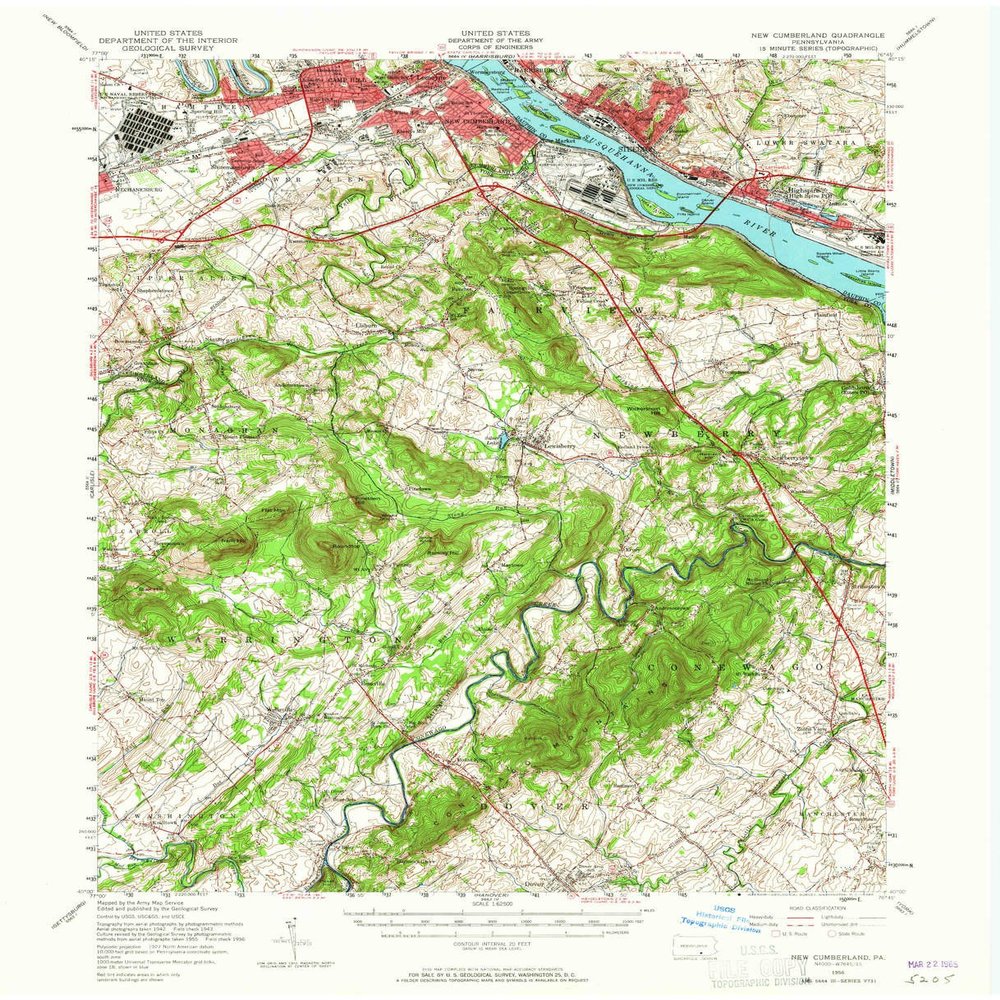 YellowMaps New Cumberland PA topo map, 1:62500 Scale, 15 X 15 Minute, Historical, 1956, Updated 1965, 21 x 17.1 in - Polypropylene