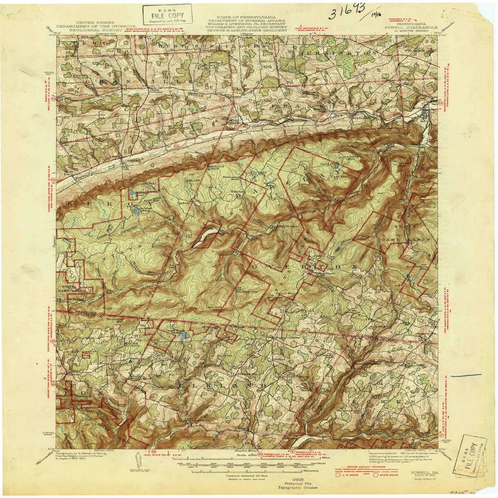 Powell PA topo map, 1:62500 Scale, 15 X 15 Minute, Historical, 1945, 21 x 17.1 in - Polypropylene