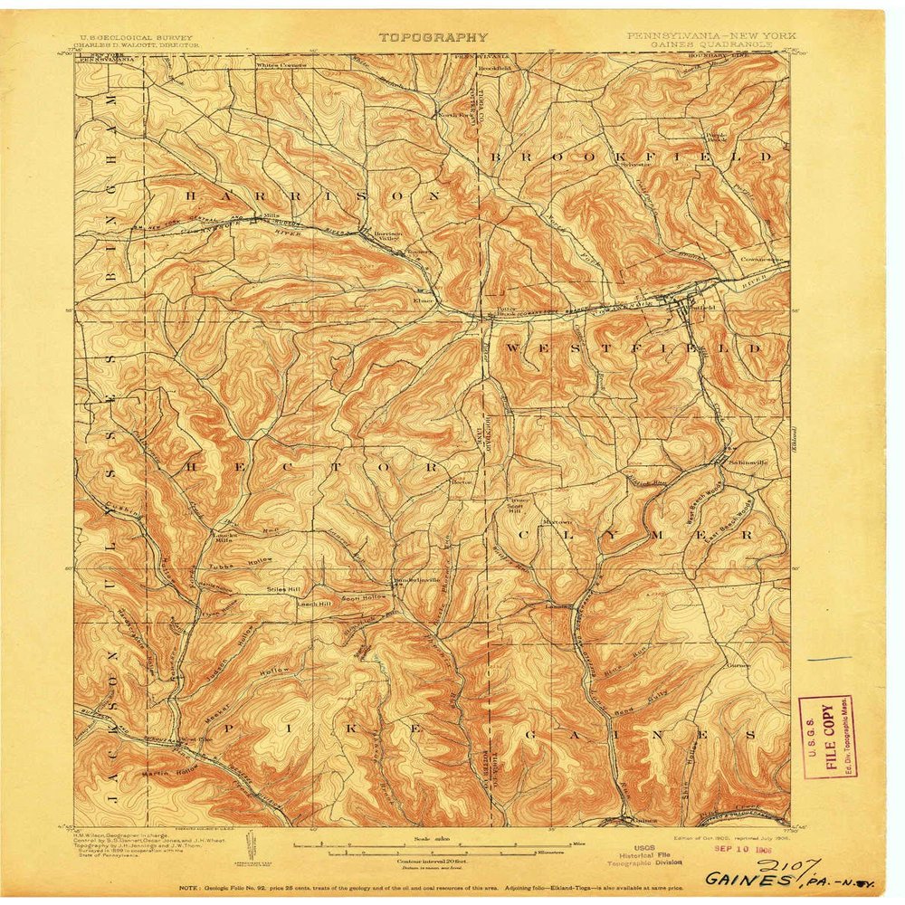YellowMaps Gaines PA topo map, 1:62500 Scale, 15 X 15 Minute, Historical, 1900, Updated 1906, 20.4 x 16.5 in - Polypropylene