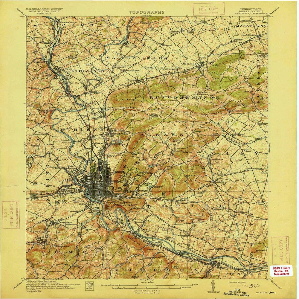 YellowMaps Reading PA topo map, 1:62500 Scale, 15 X 15 Minute, Historical, 1915, 19.9 x 16.5 in - Polypropylene