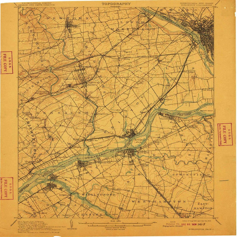 YellowMaps Burlington NJ topo map, 1:62500 Scale, 15 X 15 Minute, Historical, 1906, Updated 1910, 19.8 x 16.5 in - Polypropylene