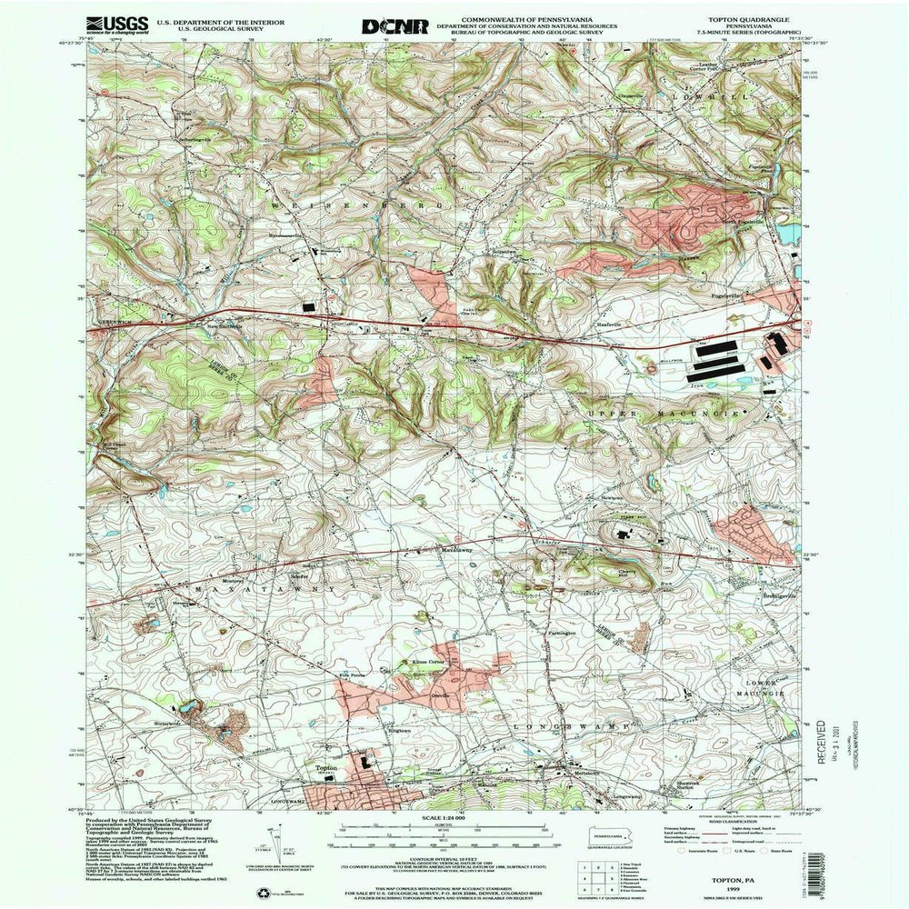 YellowMaps Topton PA topo map, 1:24000 Scale, 7.5 X 7.5 Minute, Historical, 1999, Updated 2001, 26.9 x 22.1 in - Tyvek