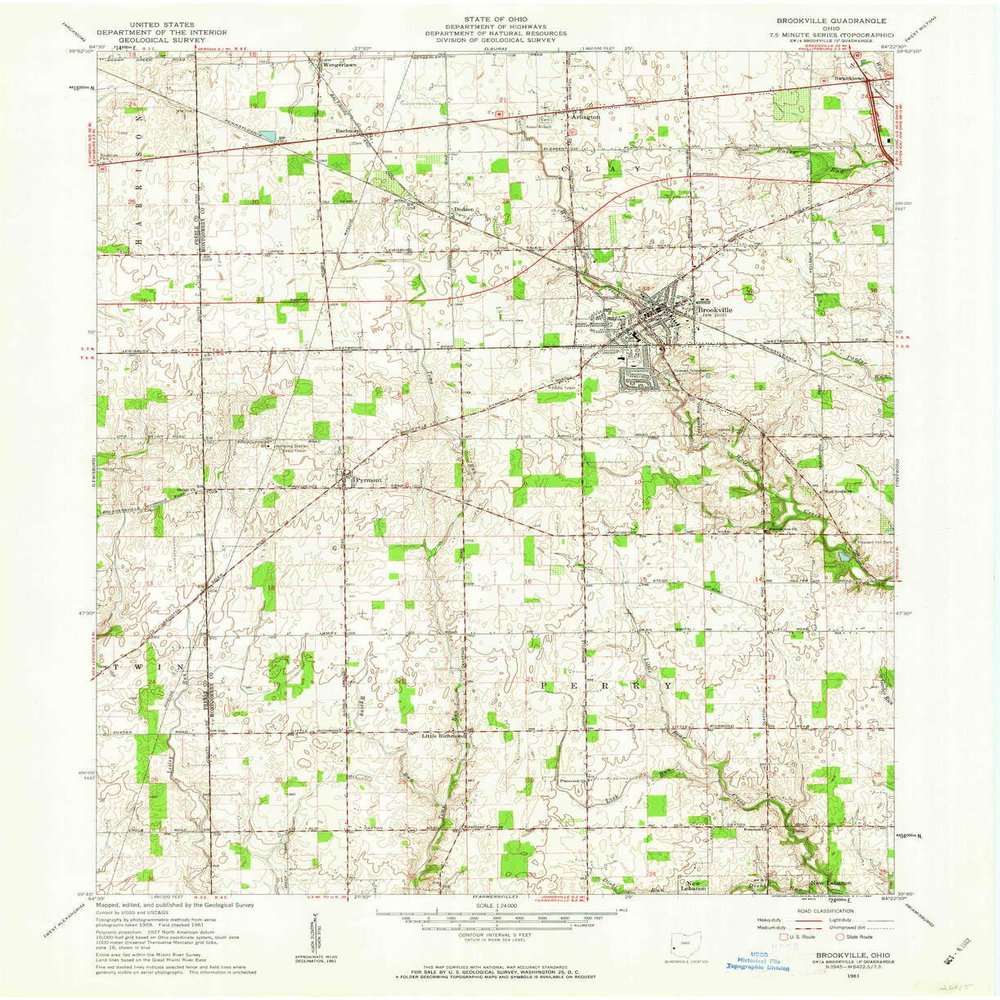 YellowMaps Brookville OH topo map, 1:24000 Scale, 7.5 X 7.5 Minute, Historical, 1961, Updated 1962, 27 x 22 in - Polypropylene