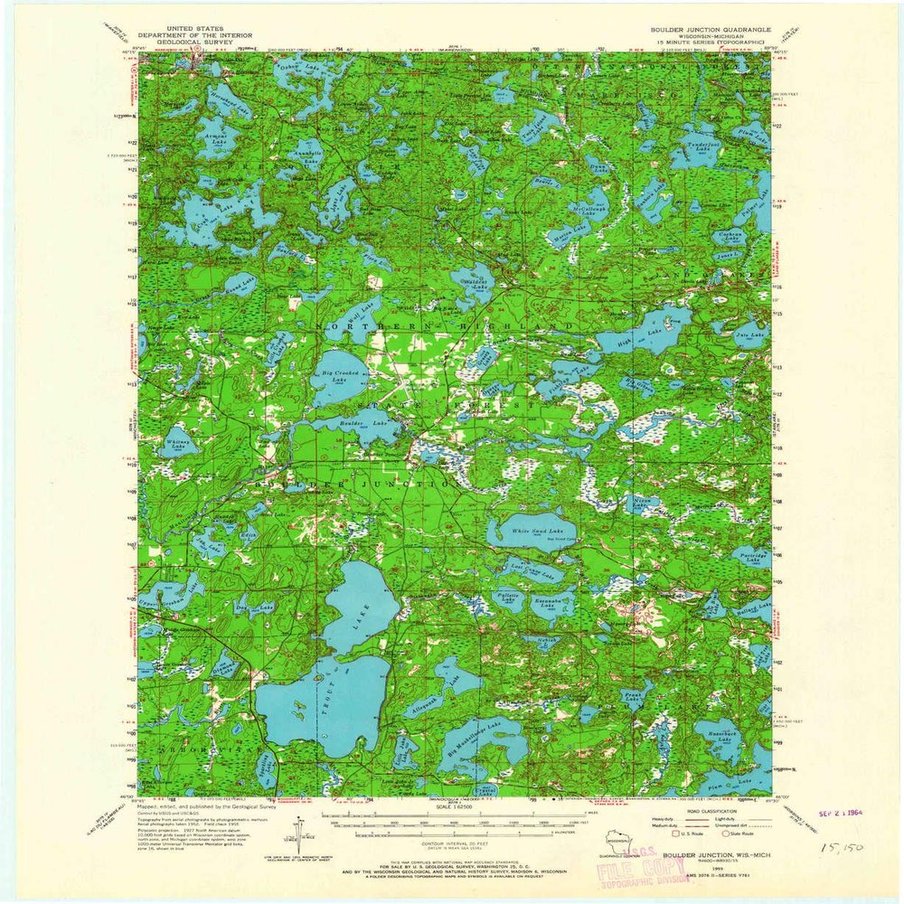 YellowMaps Boulder Junction WI topo map, 1:62500 Scale, 15 X 15 Minute, Historical, 1955, Updated 1964, 21.2 x 17.3 in - Polypropylene