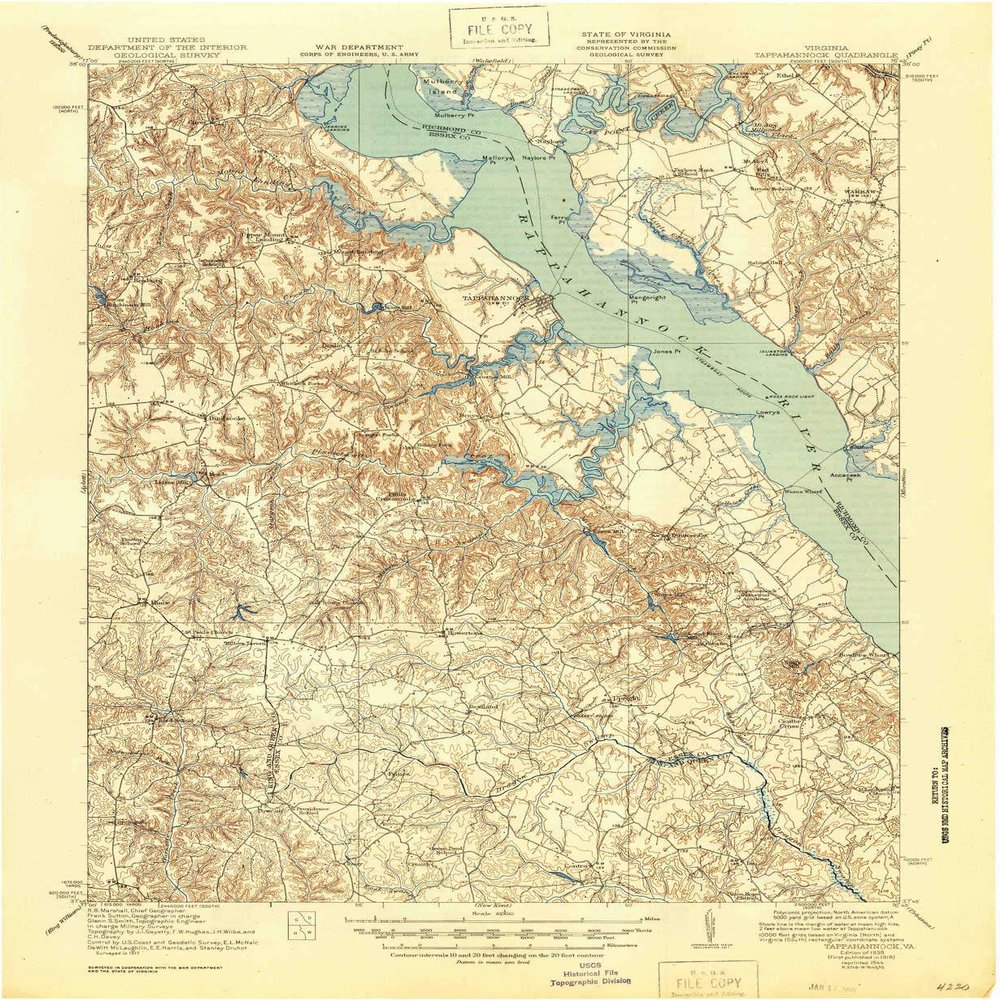 YellowMaps Tappahannock VA topo map, 1:62500 Scale, 15 X 15 Minute, Historical, 1918, Updated 1944, 20.8 x 17.1 in - Polypropylene