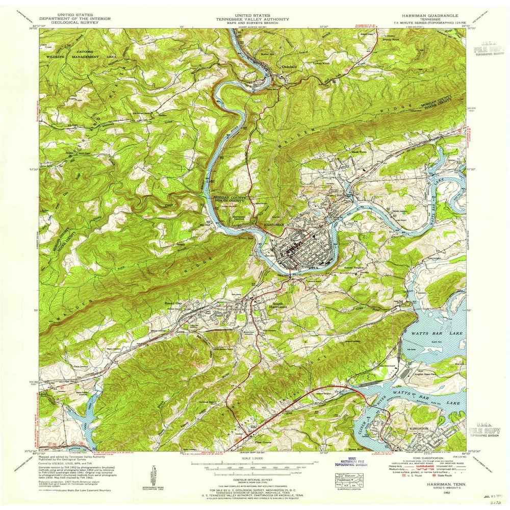 YellowMaps Harriman TN topo map, 1:24000 Scale, 7.5 X 7.5 Minute, Historical, 1952, Updated 1954, 27.4 x 22 in - Tyvek