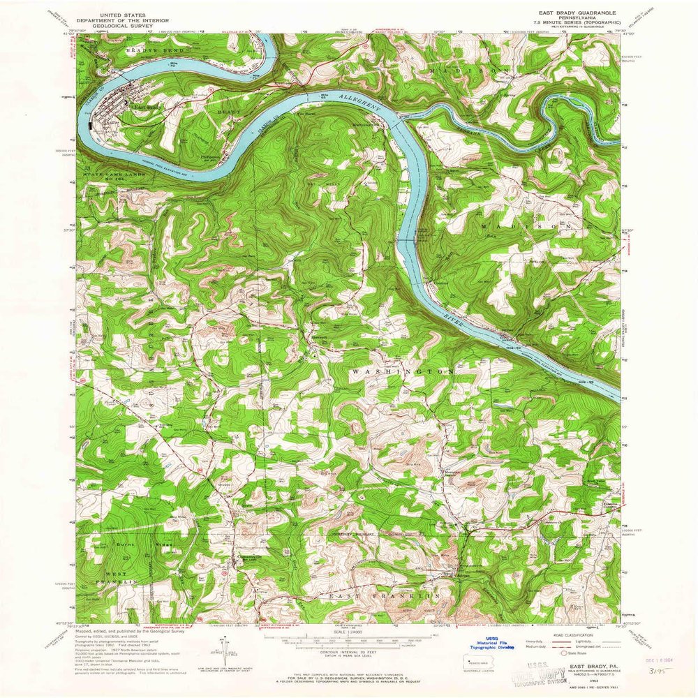 YellowMaps East Brady PA topo map, 1:24000 Scale, 7.5 X 7.5 Minute, Historical, 1963, Updated 1964, 26.9 x 22.1 in - Tyvek
