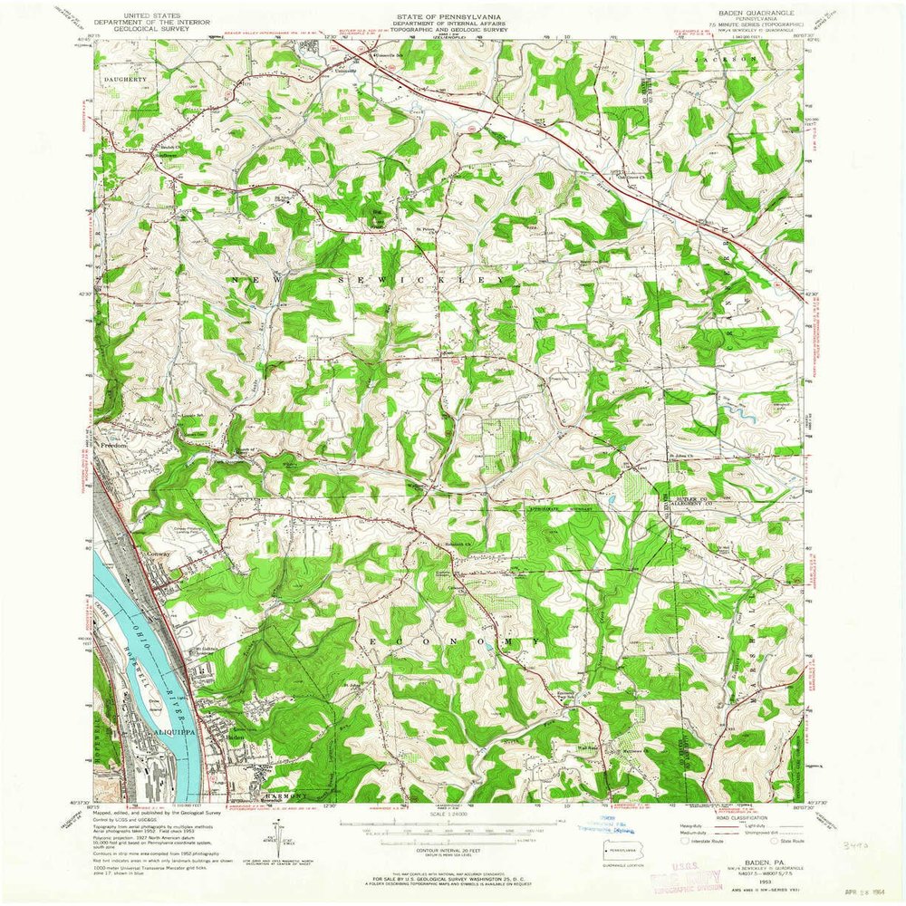 YellowMaps Baden PA topo map, 1:24000 Scale, 7.5 X 7.5 Minute, Historical, 1953, Updated 1964, 27 x 22.1 in - Polypropylene