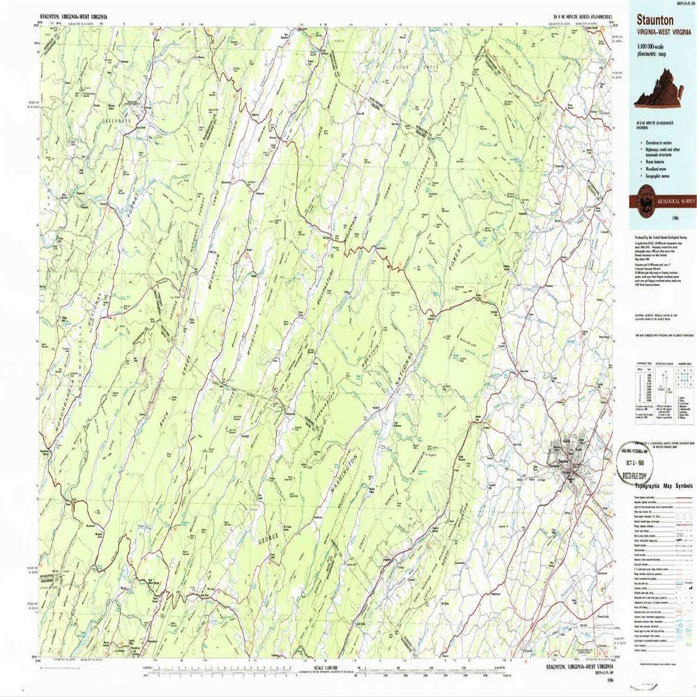 YellowMaps Staunton VA topo map, 1:100000 Scale, 30 X 60 Minute, Historical, 1986, Updated 1986, 24.2 x 42 in - Tyvek