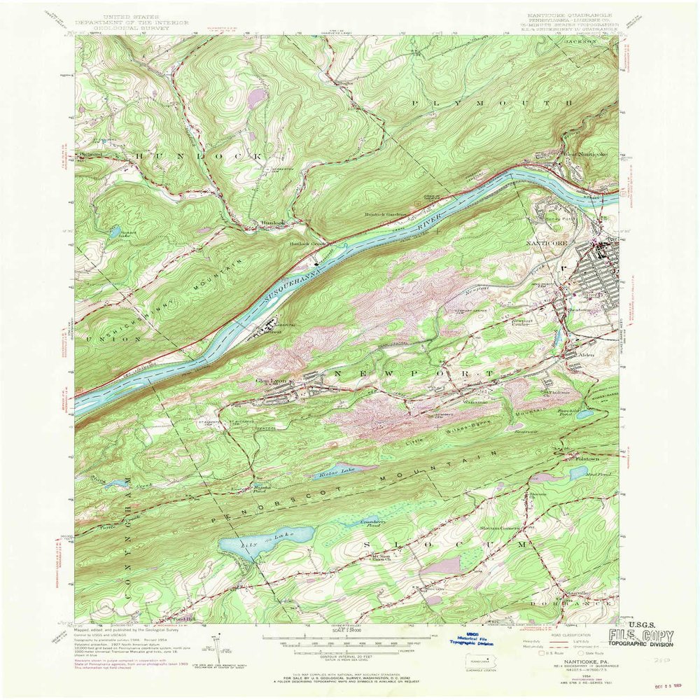 YellowMaps Nanticoke PA topo map, 1:24000 Scale, 7.5 X 7.5 Minute, Historical, 1954, Updated 1969, 27 x 22.1 in - Polypropylene