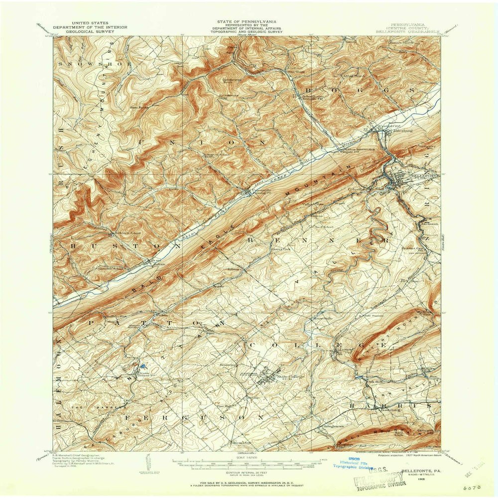 Bellefonte PA topo map, 1:62500 Scale, 15 X 15 Minute, Historical, 1908, Updated 1961, 20.9 x 17.1 in - Tyvek