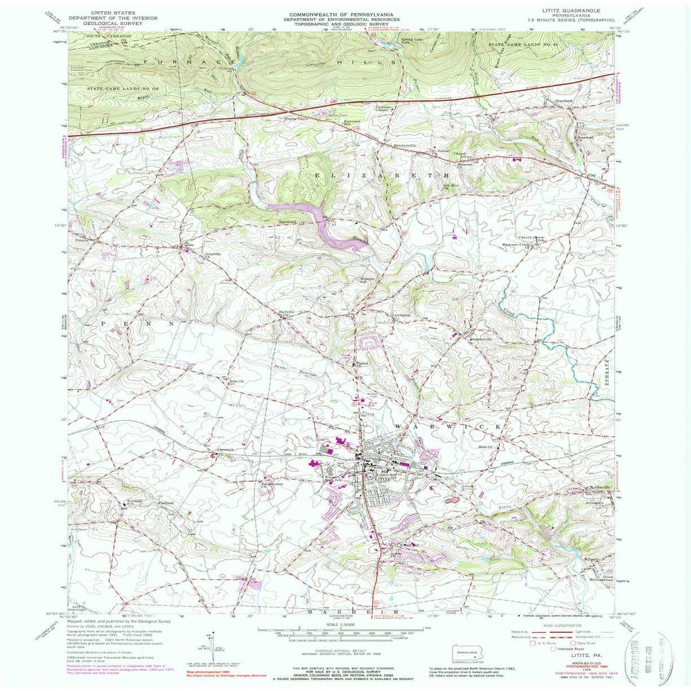 YellowMaps Lititz PA topo map, 1:24000 Scale, 7.5 X 7.5 Minute, Historical, 1956, Updated 1988, 27 x 22 in - Polypropylene