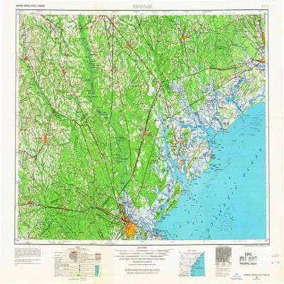 YellowMaps Savannah GA topo map, 1:250000 Scale, 1 X 2 Degree, Historical, 1957, Updated 1967, 22.1 x 34 in - Tyvek