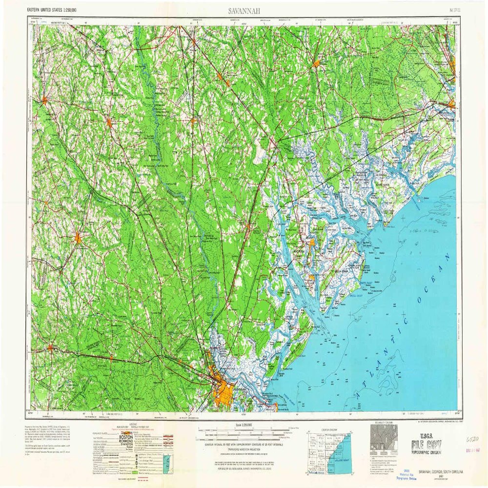 YellowMaps Savannah GA topo map, 1:250000 Scale, 1 X 2 Degree, Historical, 1957, Updated 1967, 22.1 x 34 in - Tyvek