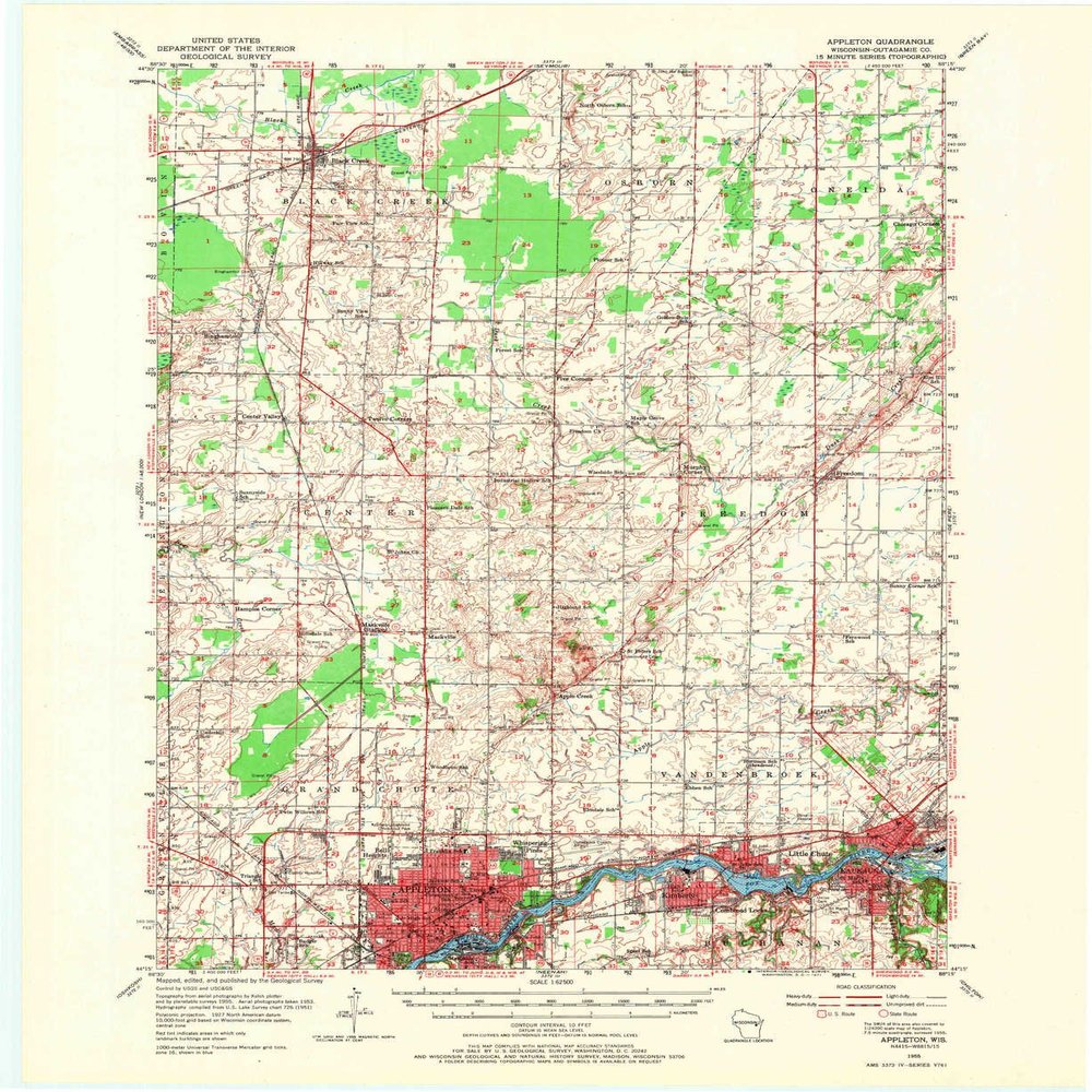 YellowMaps Appleton WI topo map, 1:62500 Scale, 15 X 15 Minute, Historical, 1955, Updated 1971, 21.1 x 17.3 in - Polypropylene