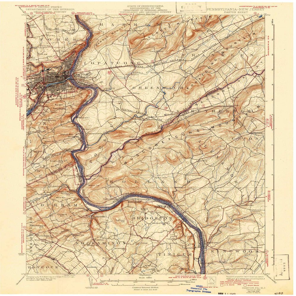 YellowMaps Easton PA topo map, 1:62500 Scale, 15 X 15 Minute, Historical, 1932, Updated 1942, 19.9 x 16.5 in - Polypropylene