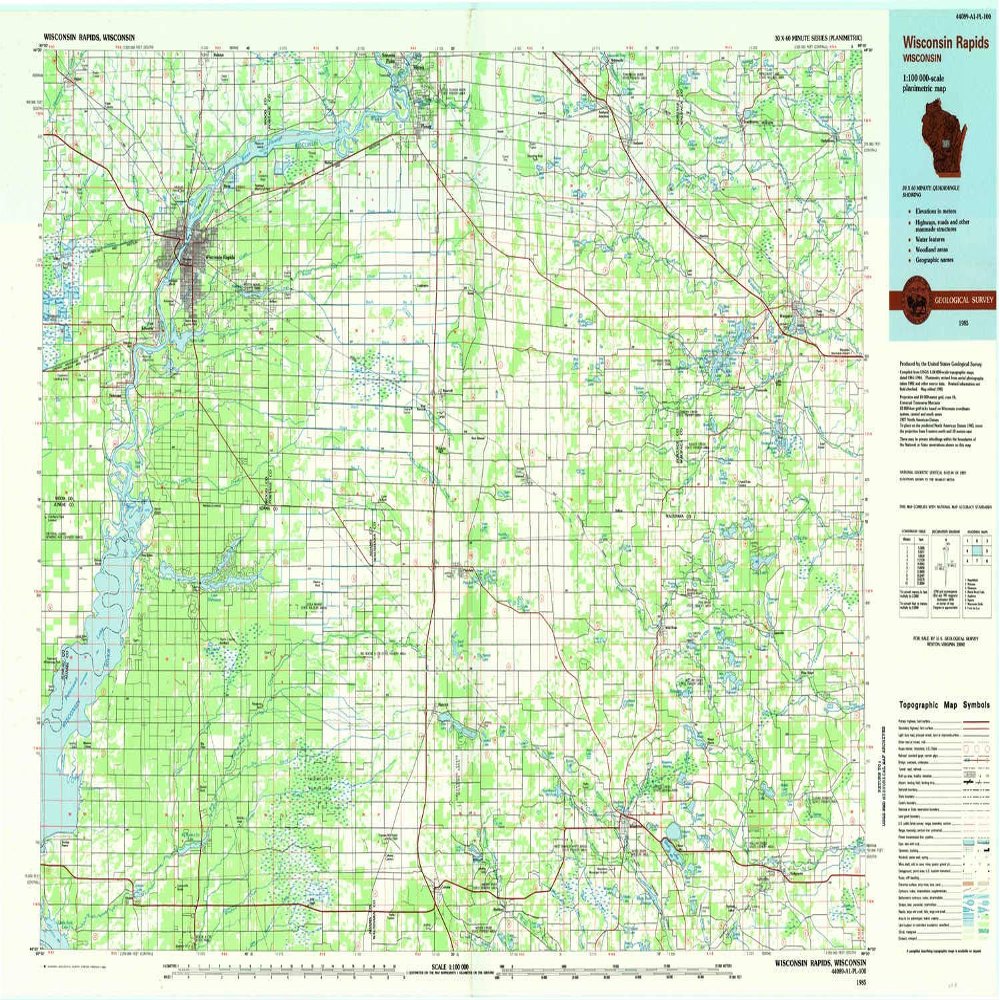 YellowMaps Wisconsin Rapids WI topo map, 1:100000 Scale, 30 X 60 Minute, Historical, 1985, Updated 1985, 24.3 x 40.5 in - Tyvek