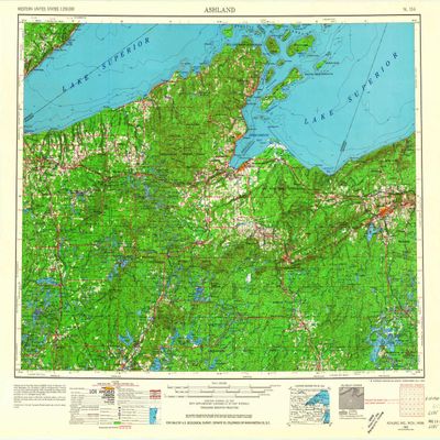 YellowMaps Ashland WI topo map, 1:250000 Scale, 1 X 2 Degree, Historical, 1953, Updated 1964, 22.2 x 27.3 in - Tyvek