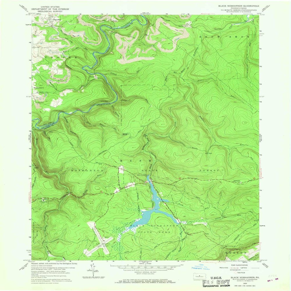 YellowMaps Black Moshannon PA topo map, 1:24000 Scale, 7.5 X 7.5 Minute, Historical, 1959, Updated 1969, 26.9 x 22.1 in - Polypropylene