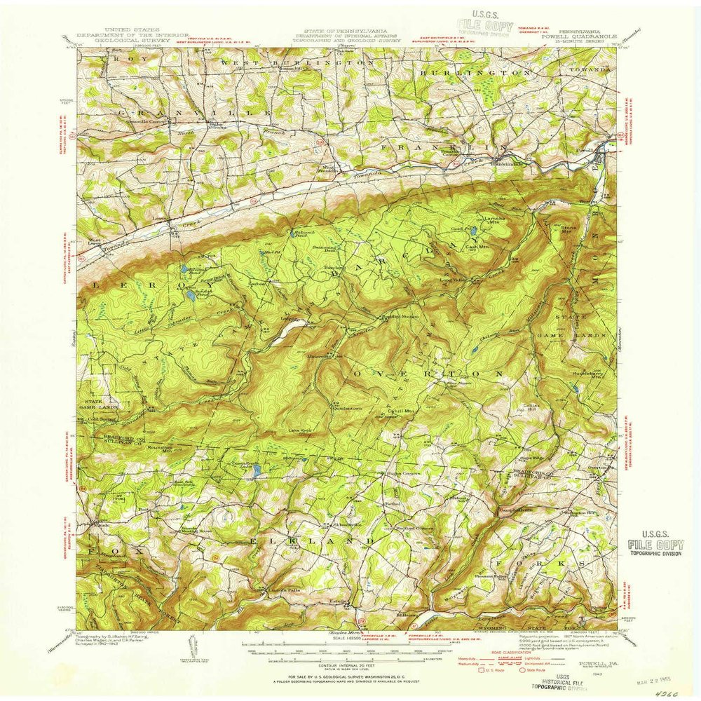 Powell PA topo map, 1:62500 Scale, 15 X 15 Minute, Historical, 1943, Updated 1955, 21 x 17 in - Tyvek