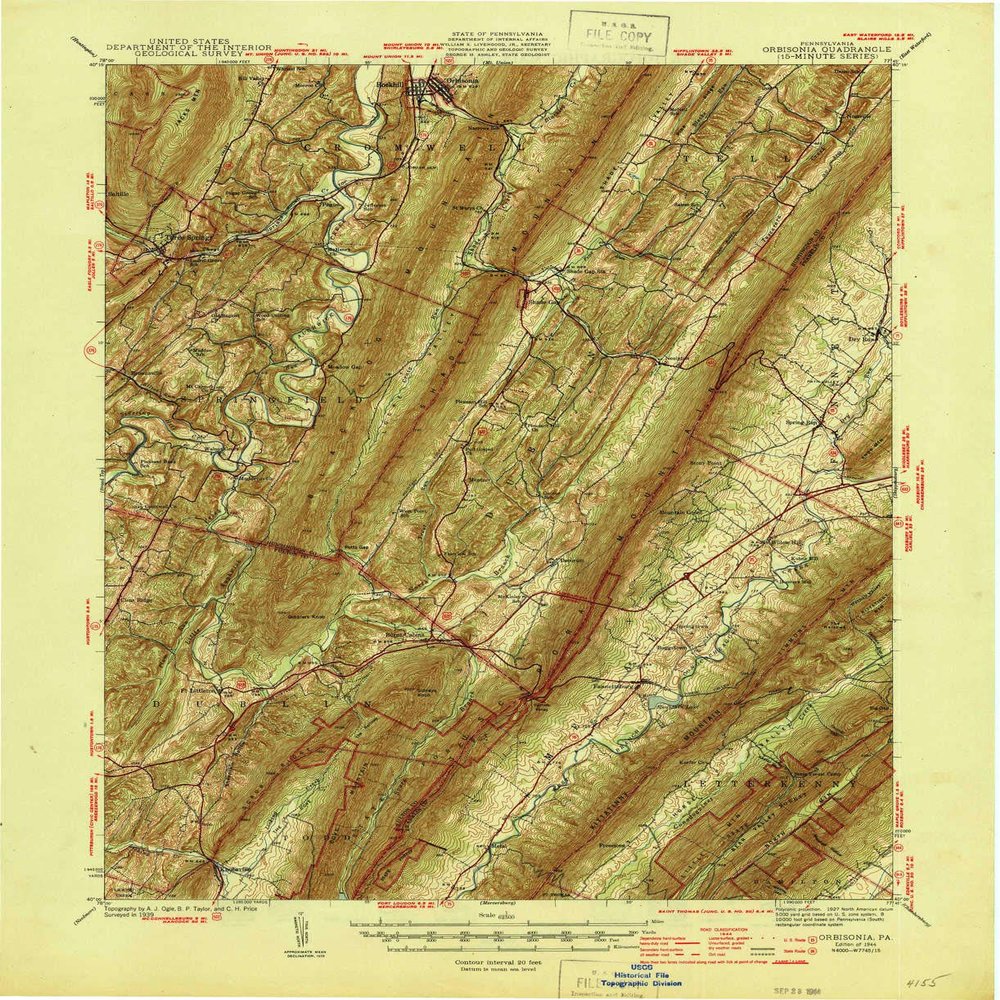 YellowMaps Orbisonia PA topo map, 1:62500 Scale, 15 X 15 Minute, Historical, 1944, 20.9 x 17 in - Tyvek