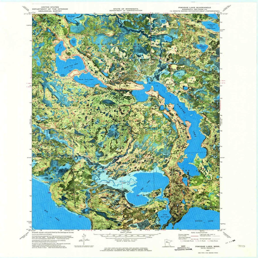YellowMaps Pimushe Lake MN topo map, 1:24000 Scale, 7.5 X 7.5 Minute, Historical, 1972, Updated 1974, 27.4 x 21.4 in - Polypropylene