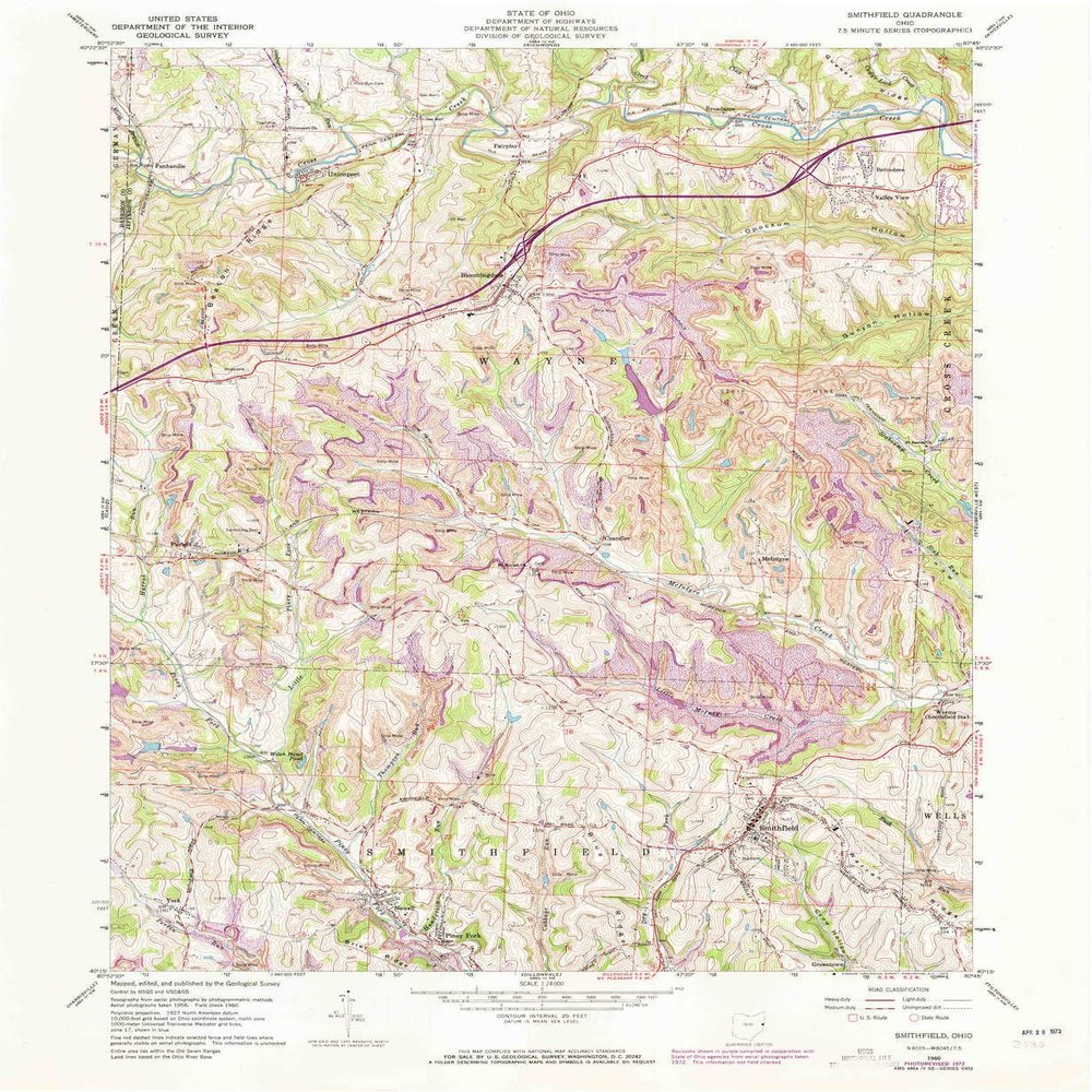 YellowMaps Smithfield OH topo map, 1:24000 Scale, 7.5 X 7.5 Minute, Historical, 1960, Updated 1973, 26.9 x 22.1 in - Tyvek