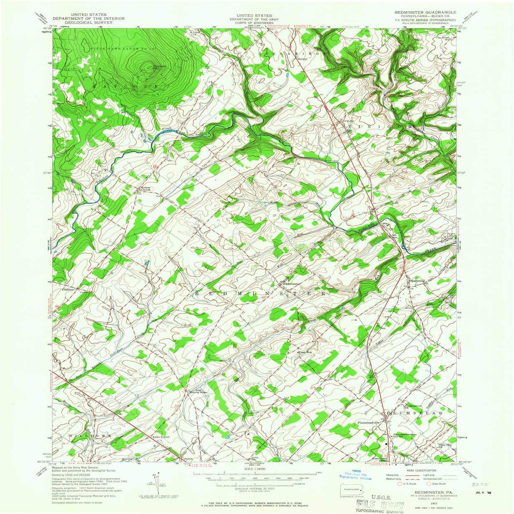 YellowMaps Bedminster PA topo map, 1:24000 Scale, 7.5 X 7.5 Minute, Historical, 1957, Updated 1966, 26.9 x 22.1 in - Polypropylene