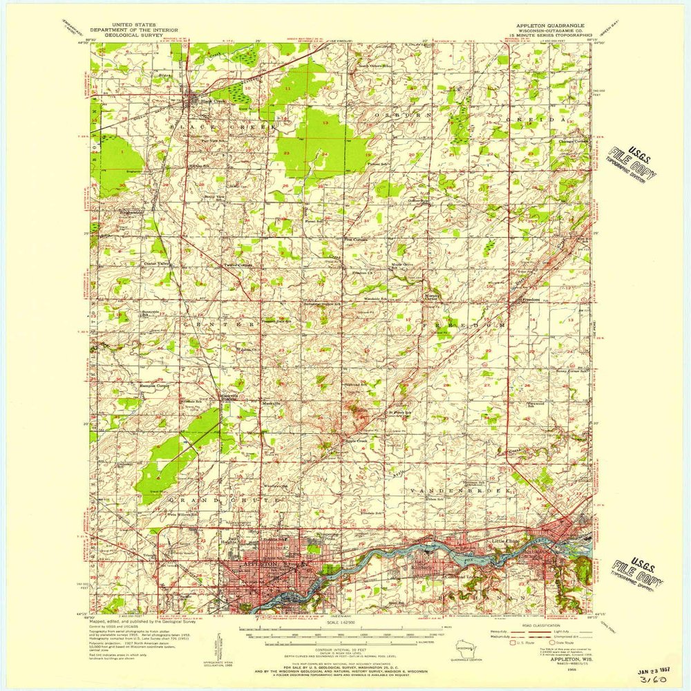 YellowMaps Appleton WI topo map, 1:62500 Scale, 15 X 15 Minute, Historical, 1955, Updated 1957, 21.1 x 17.3 in - Polypropylene