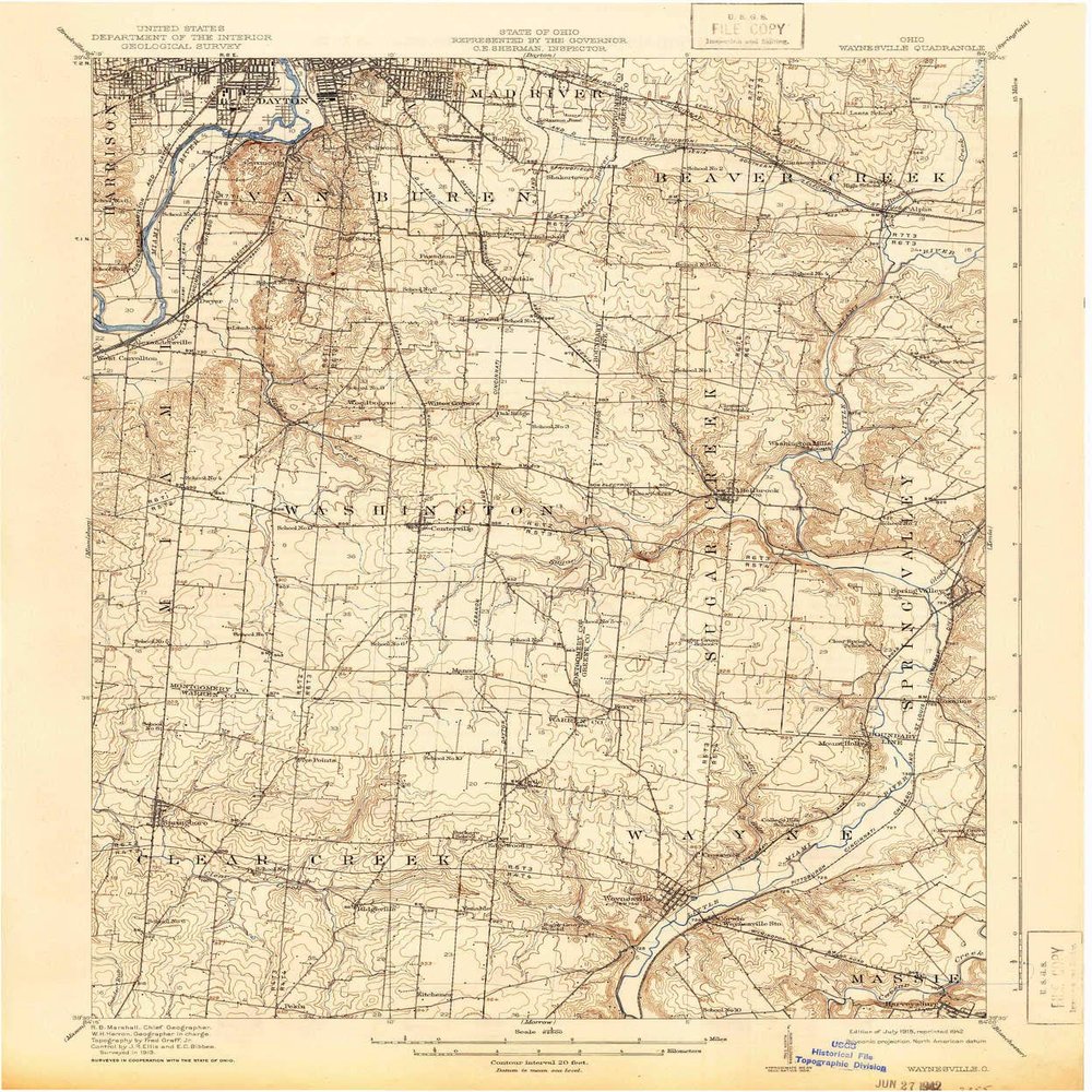 YellowMaps Waynesville OH topo map, 1:62500 Scale, 15 X 15 Minute, Historical, 1915, Updated 1942, 19.8 x 16.5 in - Tyvek