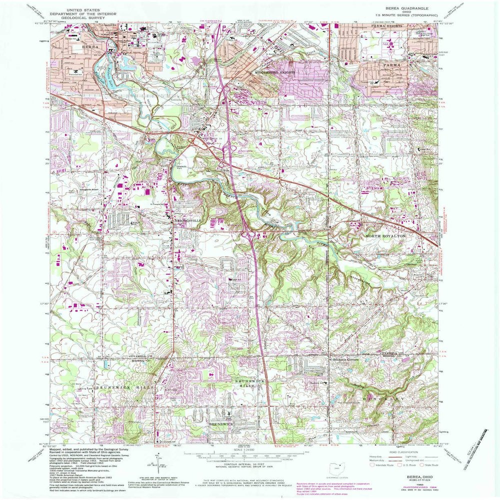 YellowMaps Berea OH topo map, 1:24000 Scale, 7.5 X 7.5 Minute, Historical, 1963, Updated 1984, 27 x 22 in - Polypropylene