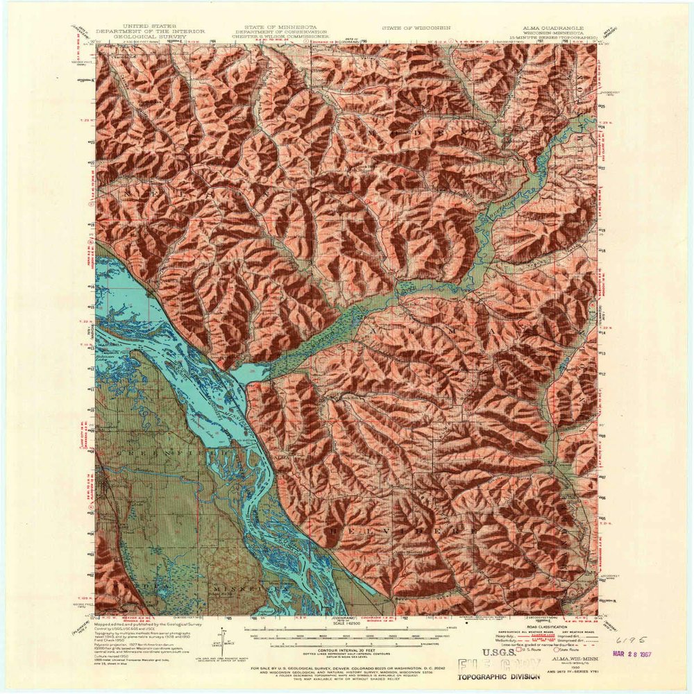 YellowMaps Alma WI topo map, 1:62500 Scale, 15 X 15 Minute, Historical, 1950, Updated 1967, 21.1 x 17.3 in - Tyvek