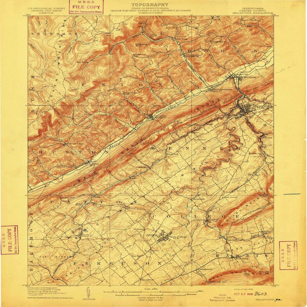 Bellefonte PA topo map, 1:62500 Scale, 15 X 15 Minute, Historical, 1909, 19.9 x 16.5 in - Tyvek
