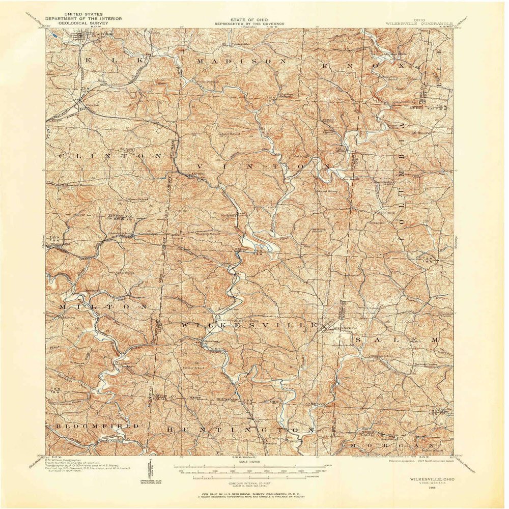 YellowMaps Wilkesville OH topo map, 1:62500 Scale, 15 X 15 Minute, Historical, 1905, Updated 1958, 20.8 x 17 in - Polypropylene
