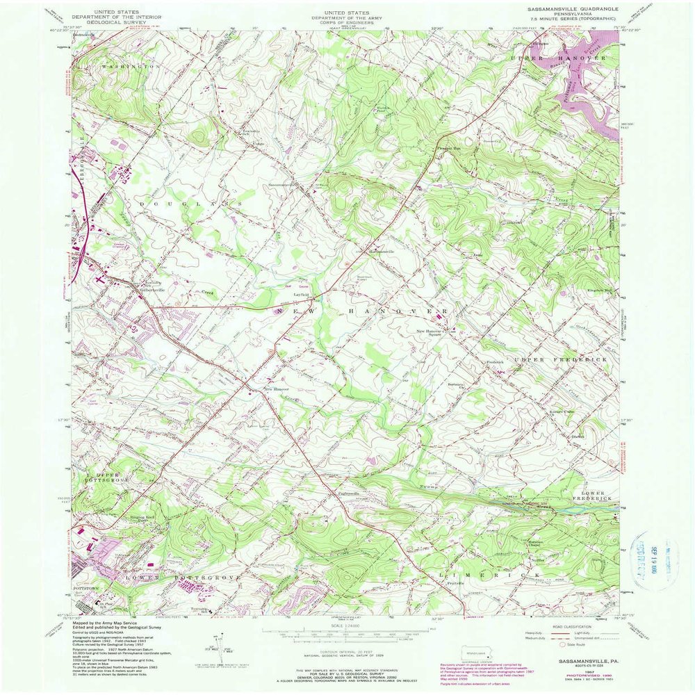 YellowMaps Sassamansville PA topo map, 1:24000 Scale, 7.5 X 7.5 Minute, Historical, 1957, Updated 1990, 27 x 22.1 in - Tyvek