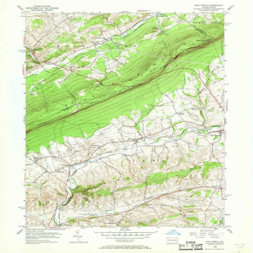 YellowMaps New Tripoli PA topo map, 1:24000 Scale, 7.5 X 7.5 Minute, Historical, 1956, Updated 1968, 26.9 x 22.1 in - Polypropylene