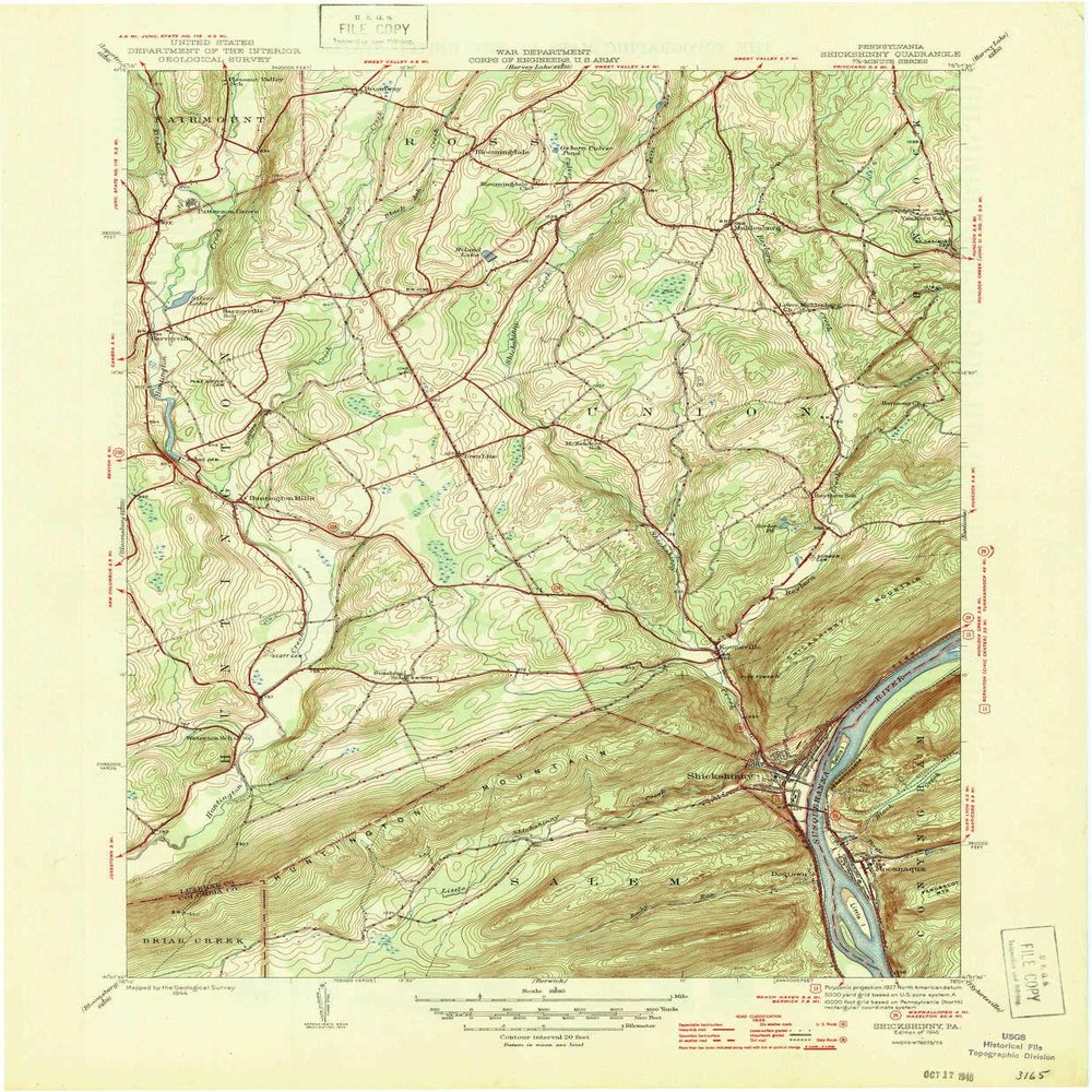 YellowMaps Shickshinny PA topo map, 1:31680 Scale, 7.5 X 7.5 Minute, Historical, 1946, 20.7 x 17 in - Polypropylene