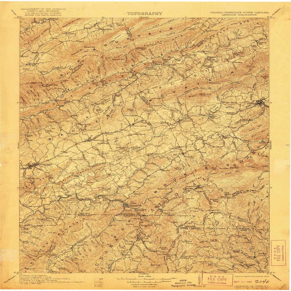 YellowMaps Abingdon VA topo map, 1:125000 Scale, 30 X 30 Minute, Historical, 1911, Updated 1921, 19.9 x 16.4 in - Tyvek