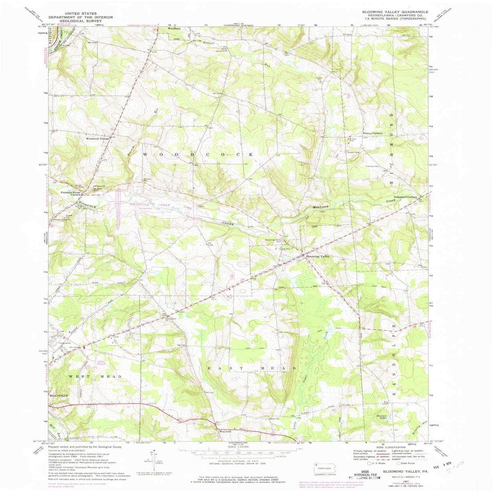YellowMaps Blooming Valley PA topo map, 1:24000 Scale, 7.5 X 7.5 Minute, Historical, 1967, Updated 1975, 26.9 x 22.1 in - Polypropylene