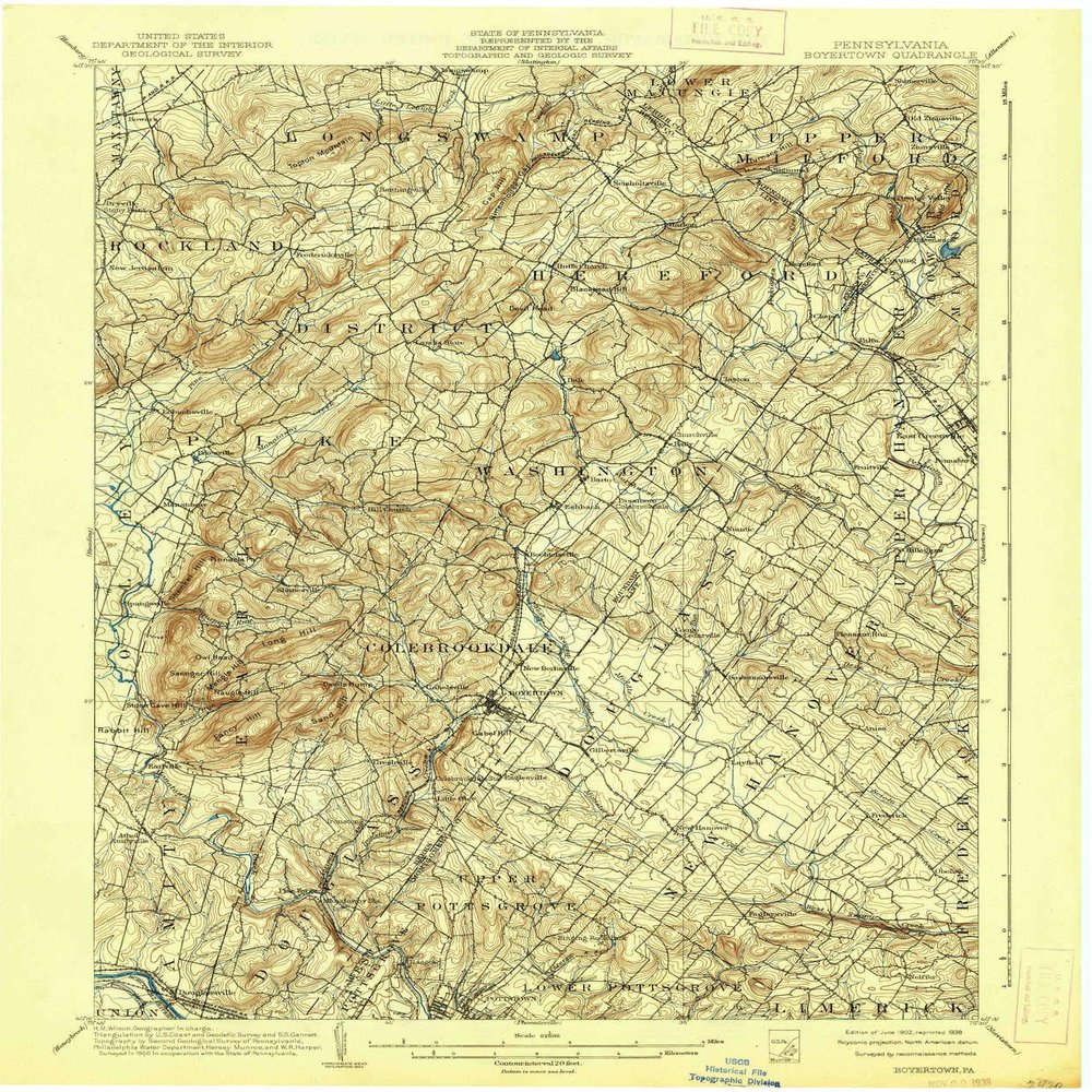YellowMaps Boyertown PA topo map, 1:62500 Scale, 15 X 15 Minute, Historical, 1902, Updated 1938, 19.9 x 16.5 in - Polypropylene