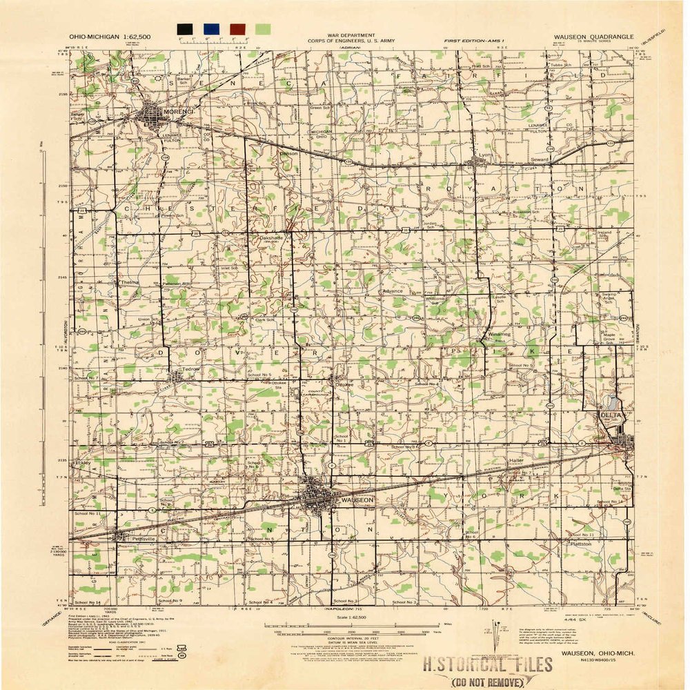 YellowMaps Wauseon OH topo map, 1:62500 Scale, 15 X 15 Minute, Historical, 1943, Updated 1944, 21.7 x 16 in - Polypropylene