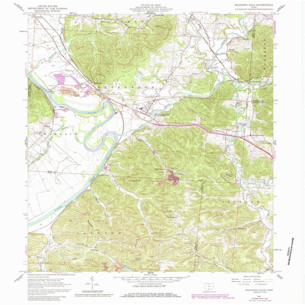 YellowMaps Richmond Dale OH topo map, 1:24000 Scale, 7.5 X 7.5 Minute, Historical, 1961, Updated 1985, 27 x 22 in - Tyvek