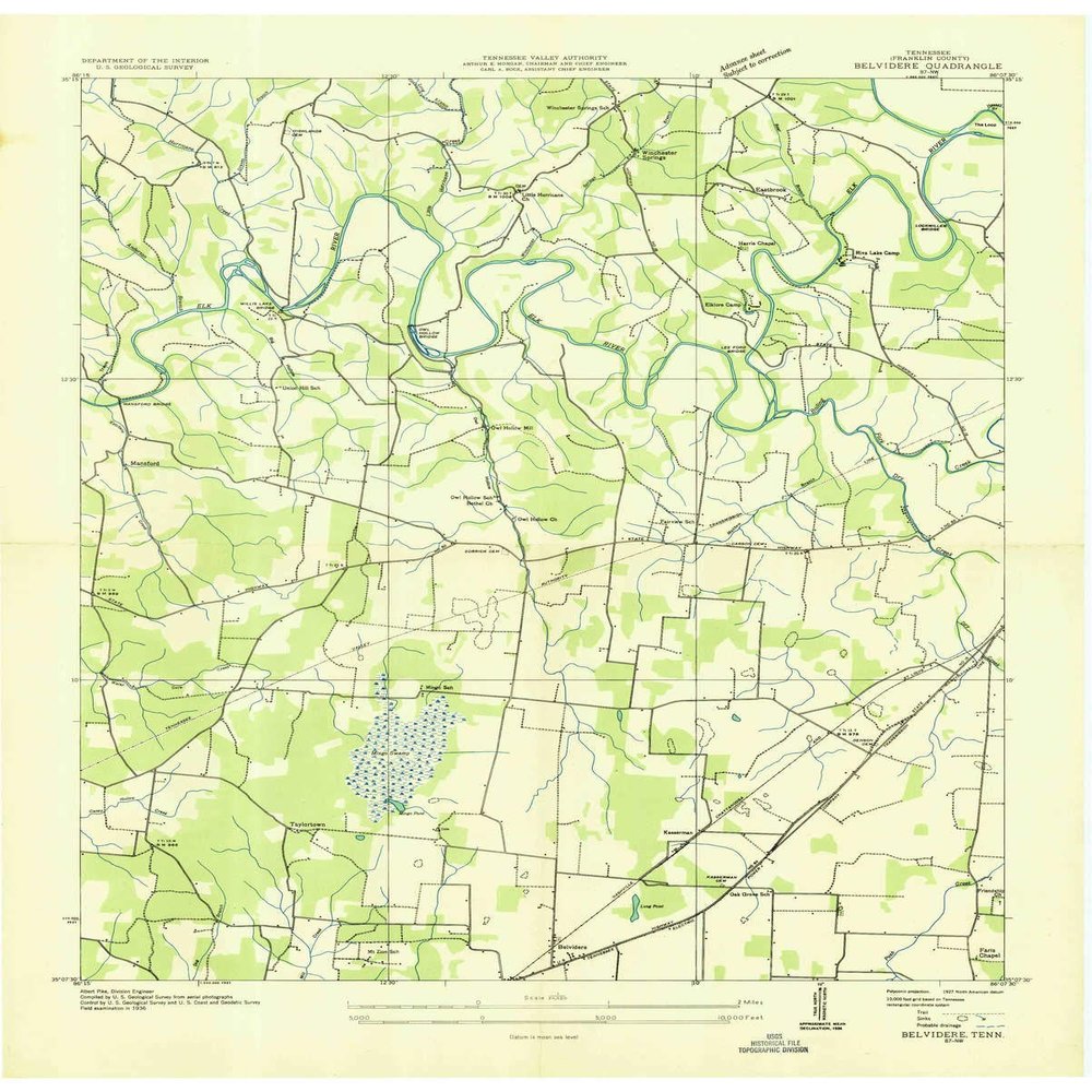 YellowMaps Belvidere TN topo map, 1:24000 Scale, 7.5 X 7.5 Minute, Historical, 1936, 27.5 x 22 in - Polypropylene