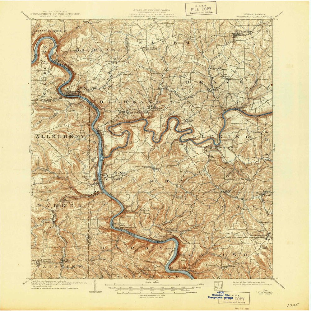 YellowMaps Foxburg PA topo map, 1:62500 Scale, 15 X 15 Minute, Historical, 1908, Updated 1944, 20.9 x 17 in - Polypropylene