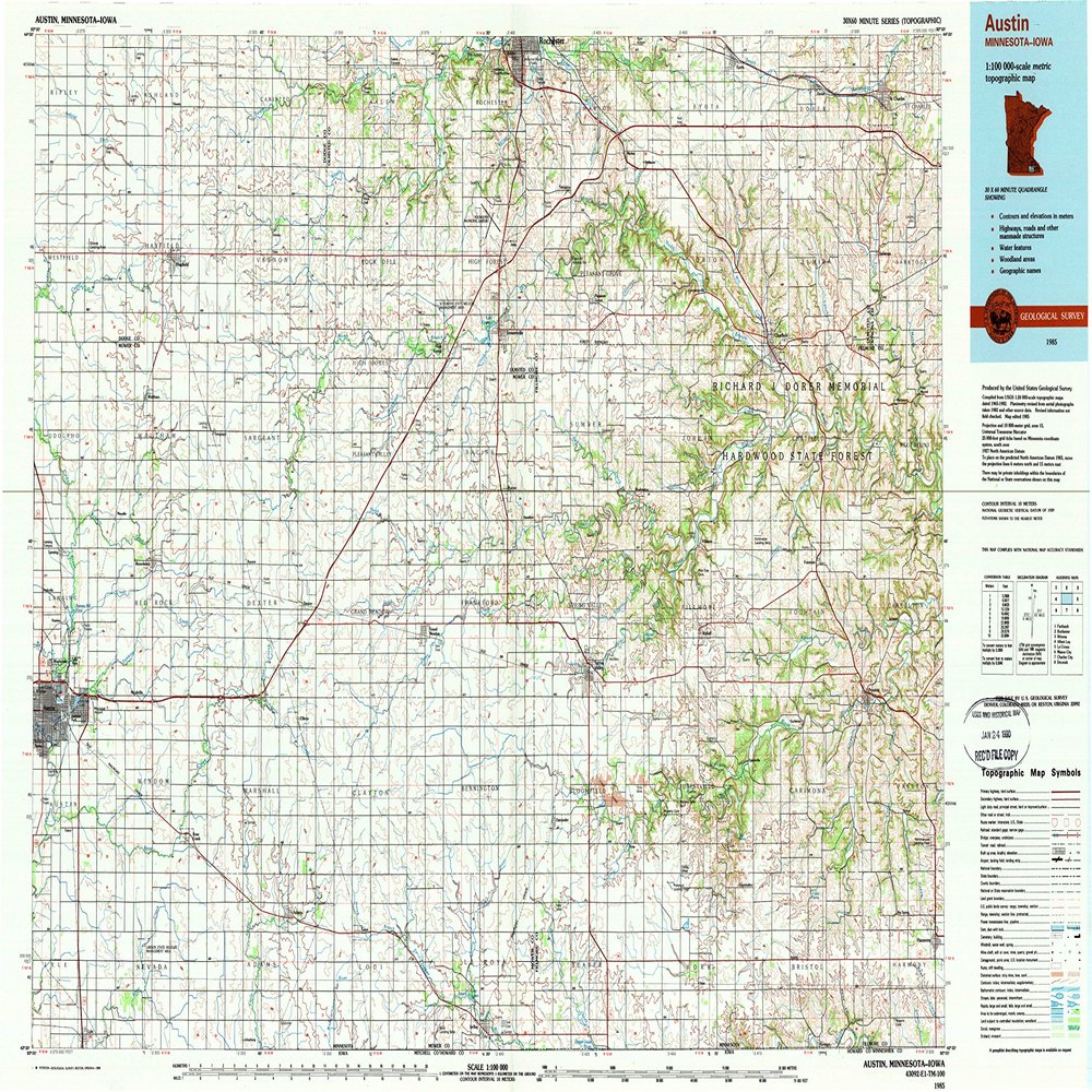 YellowMaps Austin MN topo map, 1:100000 Scale, 30 X 60 Minute, Historical, 1985, Updated 1989, 23.6 x 38.1 in - Polypropylene