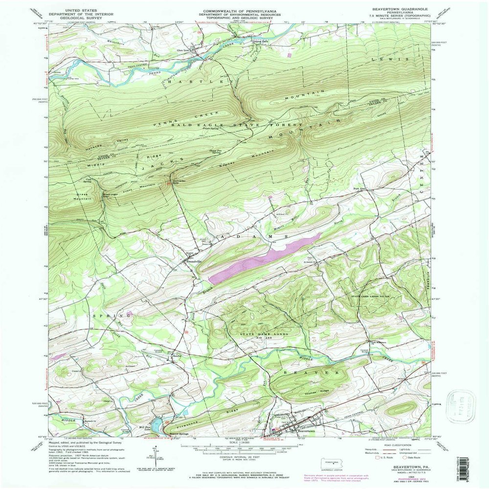 YellowMaps Beavertown PA topo map, 1:24000 Scale, 7.5 X 7.5 Minute, Historical, 1965, Updated 1973, 26.9 x 22.1 in - Polypropylene