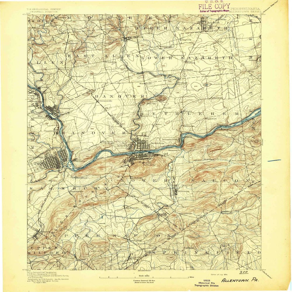 YellowMaps Allentown PA topo map, 1:62500 Scale, 15 X 15 Minute, Historical, 1894, 19.9 x 16.5 in - Tyvek