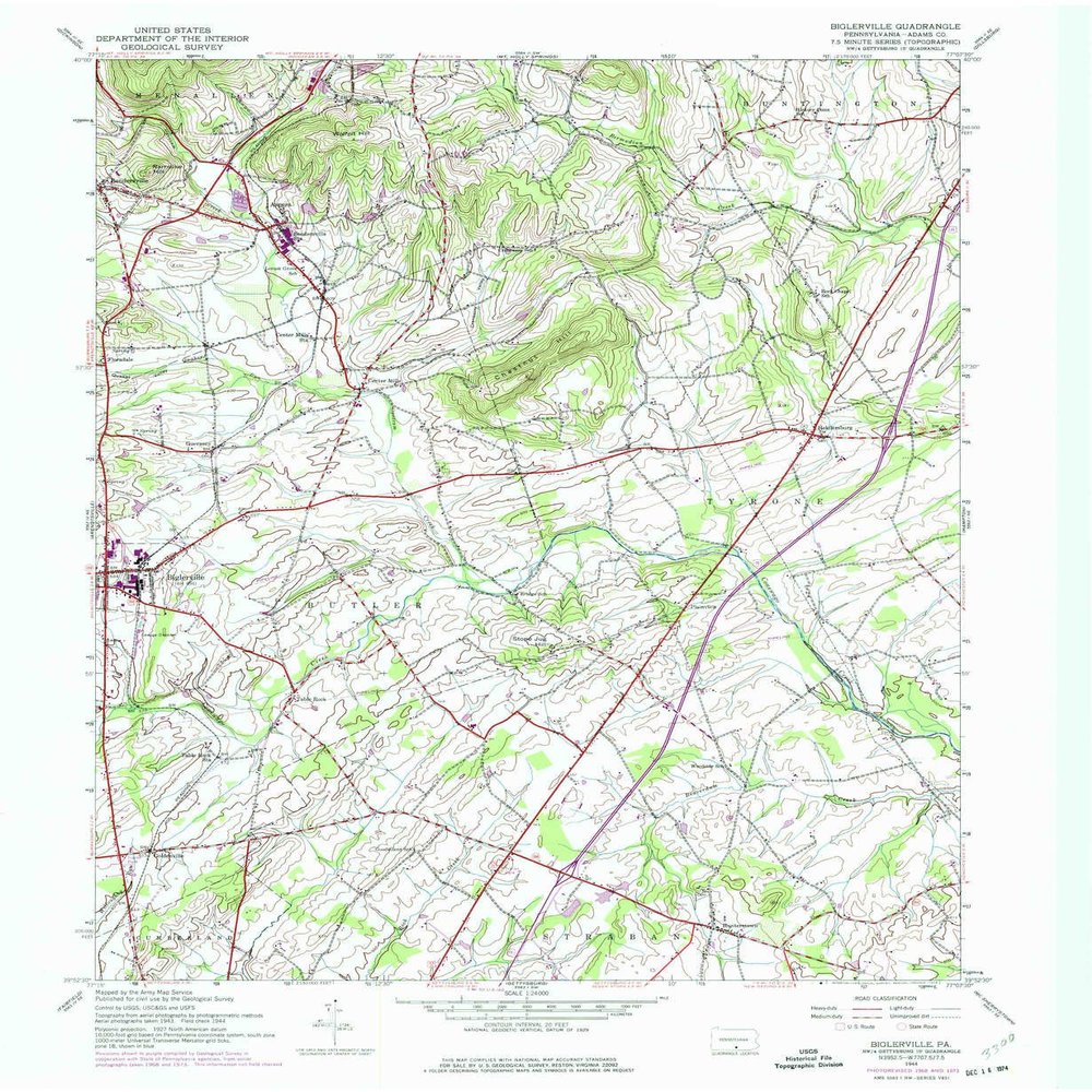 YellowMaps Biglerville PA topo map, 1:24000 Scale, 7.5 X 7.5 Minute, Historical, 1944, Updated 1974, 26.9 x 22.1 in - Polypropylene